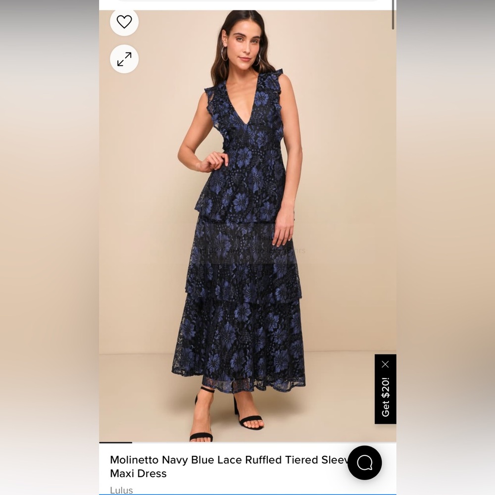 Lulu’s Molinetto Navy Blue Lace Ruffled Tiered Sleeveless Maxi Dress- size small
